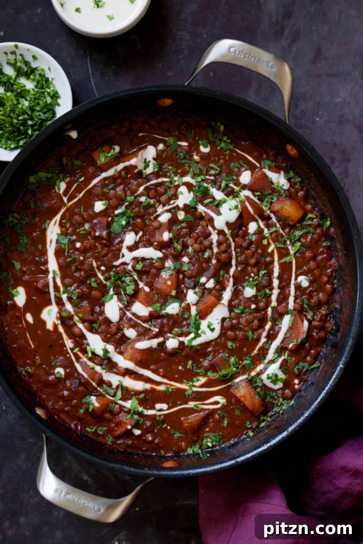 Robust Vindaloo Potato and Lentil Curry 2 lentils vindaloo in the pan after adding the toppings