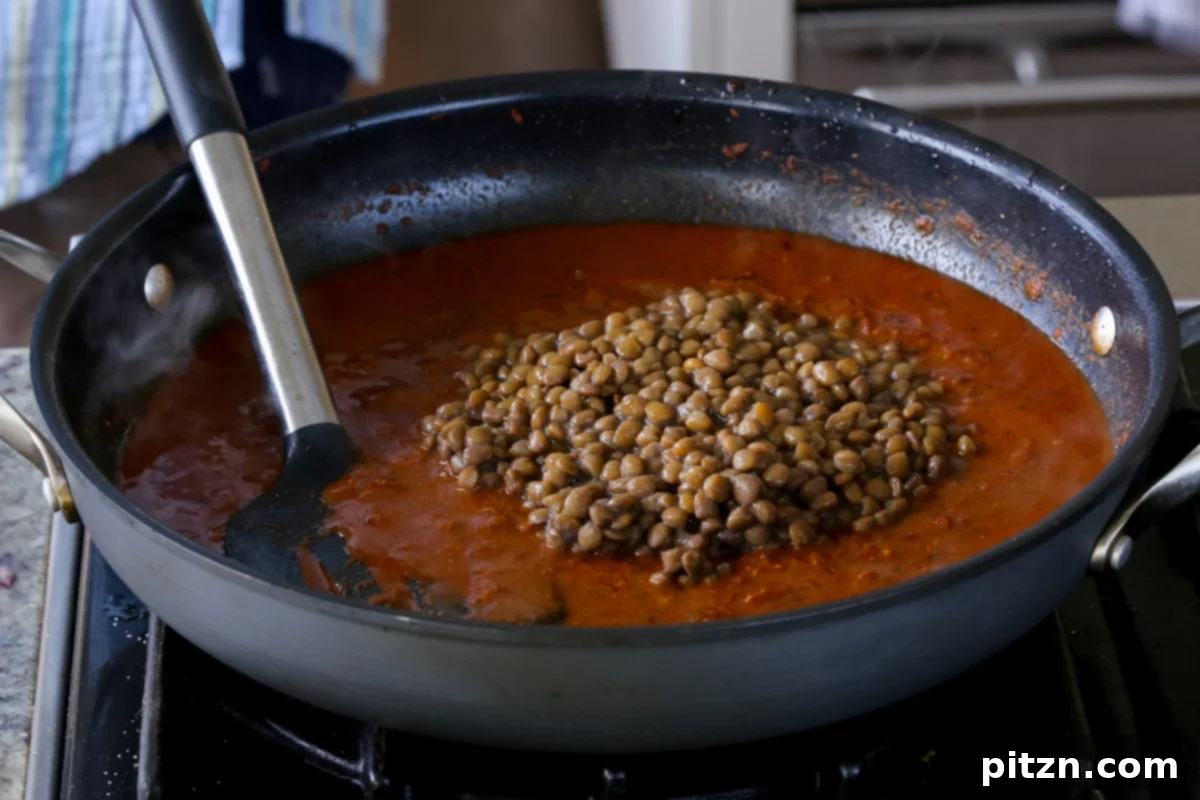 Robust Vindaloo Potato and Lentil Curry 18 adding lentils to the vindaloo sauce