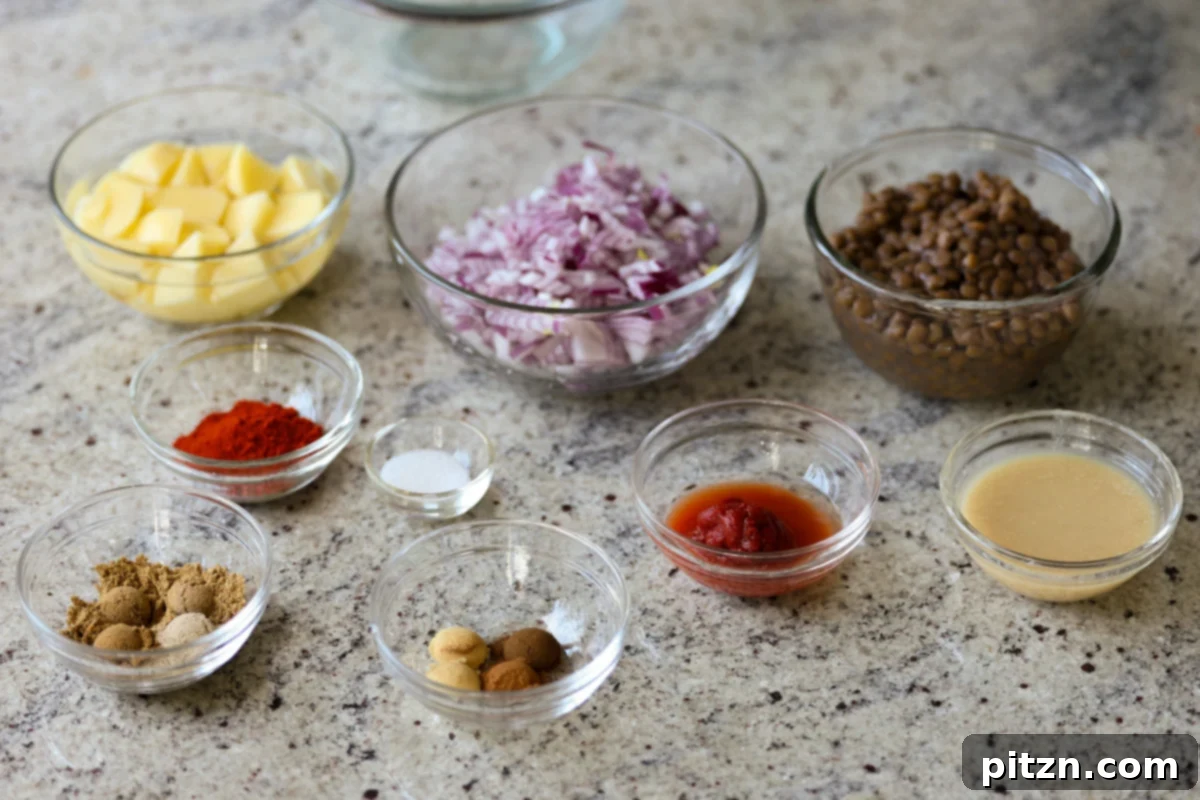 Robust Vindaloo Potato and Lentil Curry 7 lentils vindaloo ingredients on the kitchen counter