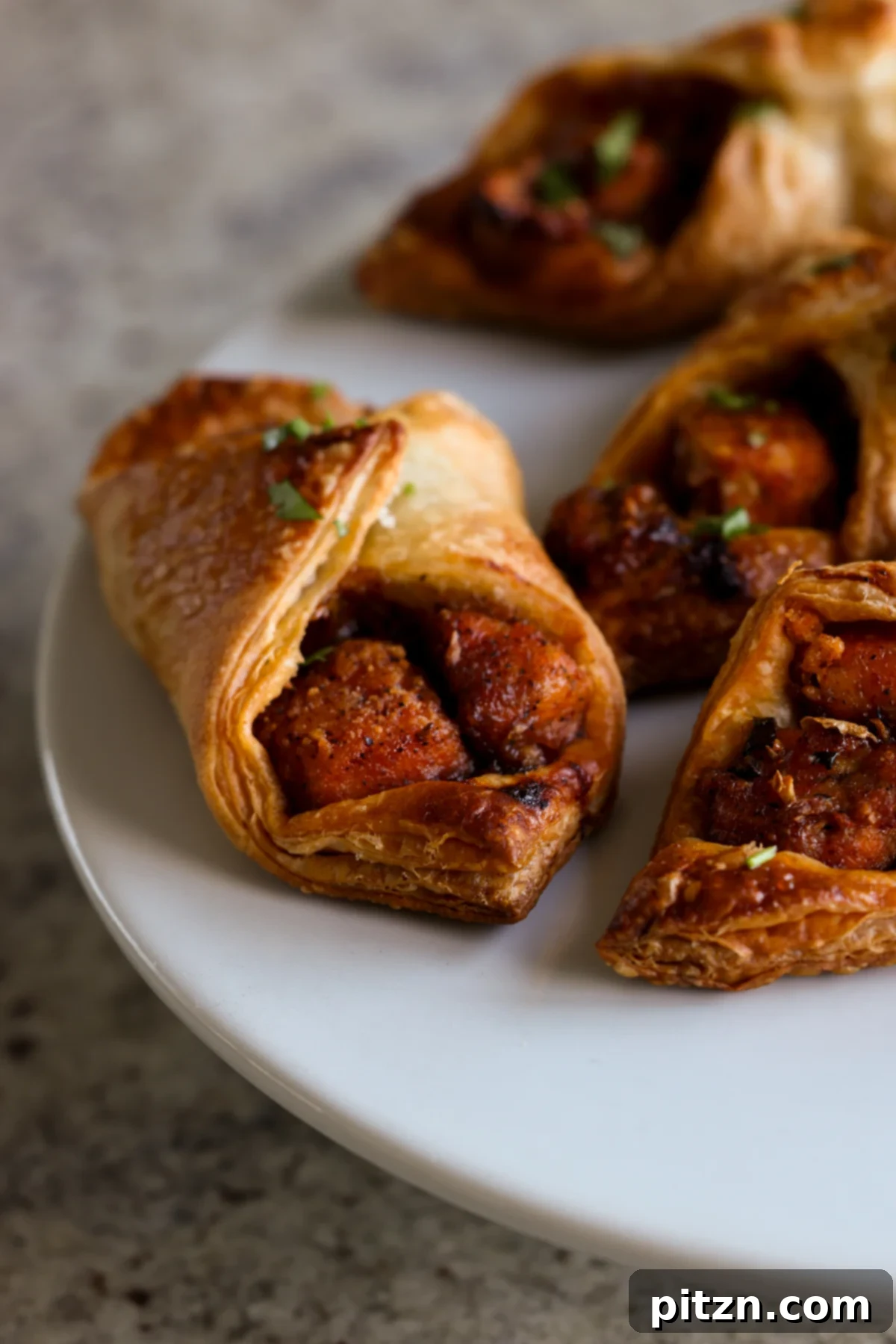 Flaky Indo Chinese Chilli Garlic Tofu Parcels 2 Close-up of golden brown chilli garlic tofu puff pastry parcels on a baking sheet, ready to be served at a party.