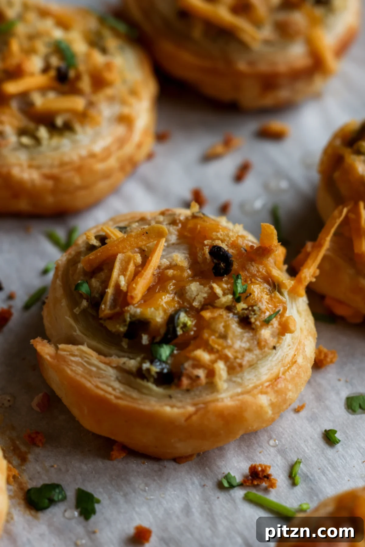 Vegan Jalapeño Popper Pinwheels 3 Close-up of a single golden-brown jalapeño popper pinwheel on a baking sheet, showcasing its crispy layers and cheesy topping after baking.
