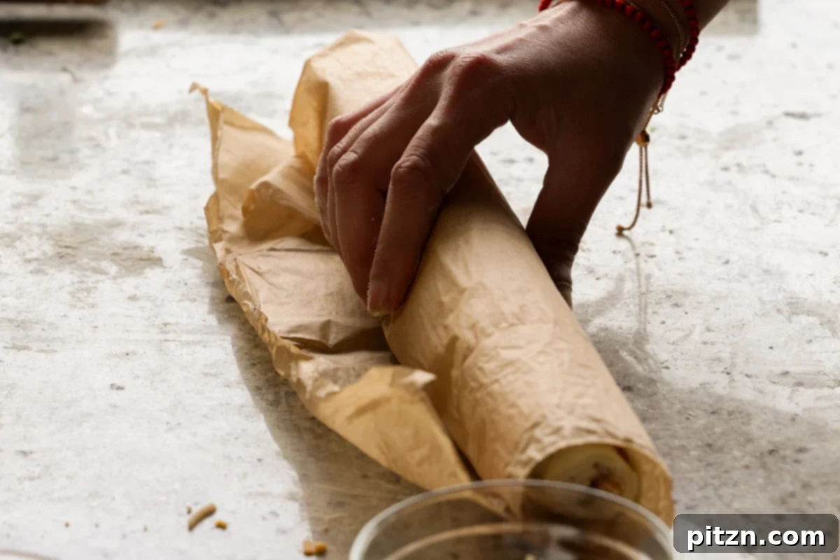Vegan Jalapeño Popper Pinwheels 21 A close-up of the jalapeño popper pinwheel log being carefully wrapped in parchment paper, preparing it for chilling.