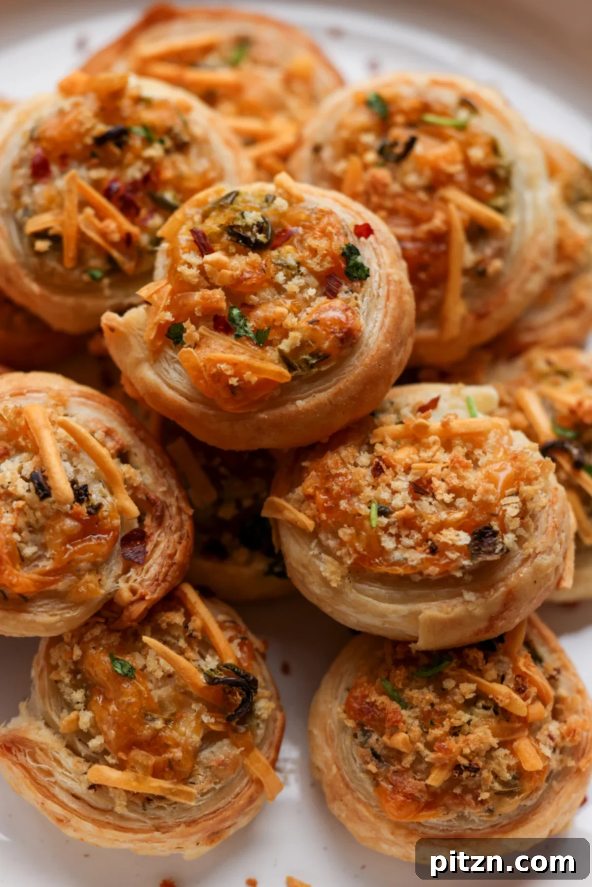 Vegan Jalapeño Popper Pinwheels 4 A beautifully arranged platter of freshly baked jalapeño popper pinwheels, adorned with fresh herbs, ready for serving.
