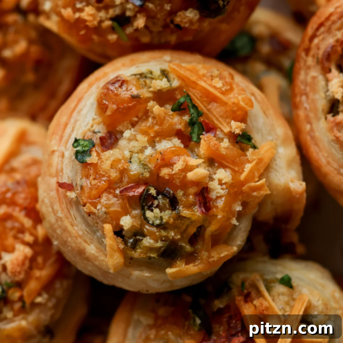 Vegan Jalapeño Popper Pinwheels 30 Close-up of golden-brown and crispy jalapeño popper pinwheels fresh out of the oven on a baking sheet.