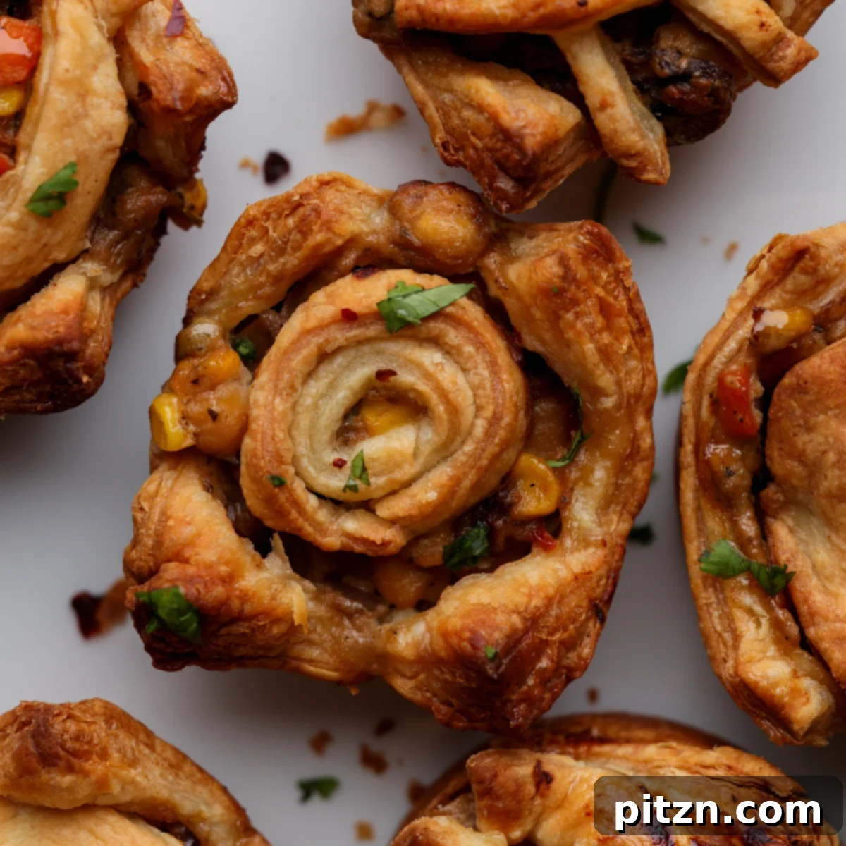 Finished mini pot pies cooling on a plate, garnished with fresh herbs.