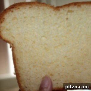 A slice of white sandwich loaf being held towards the camera, showing its fluffy interior.
