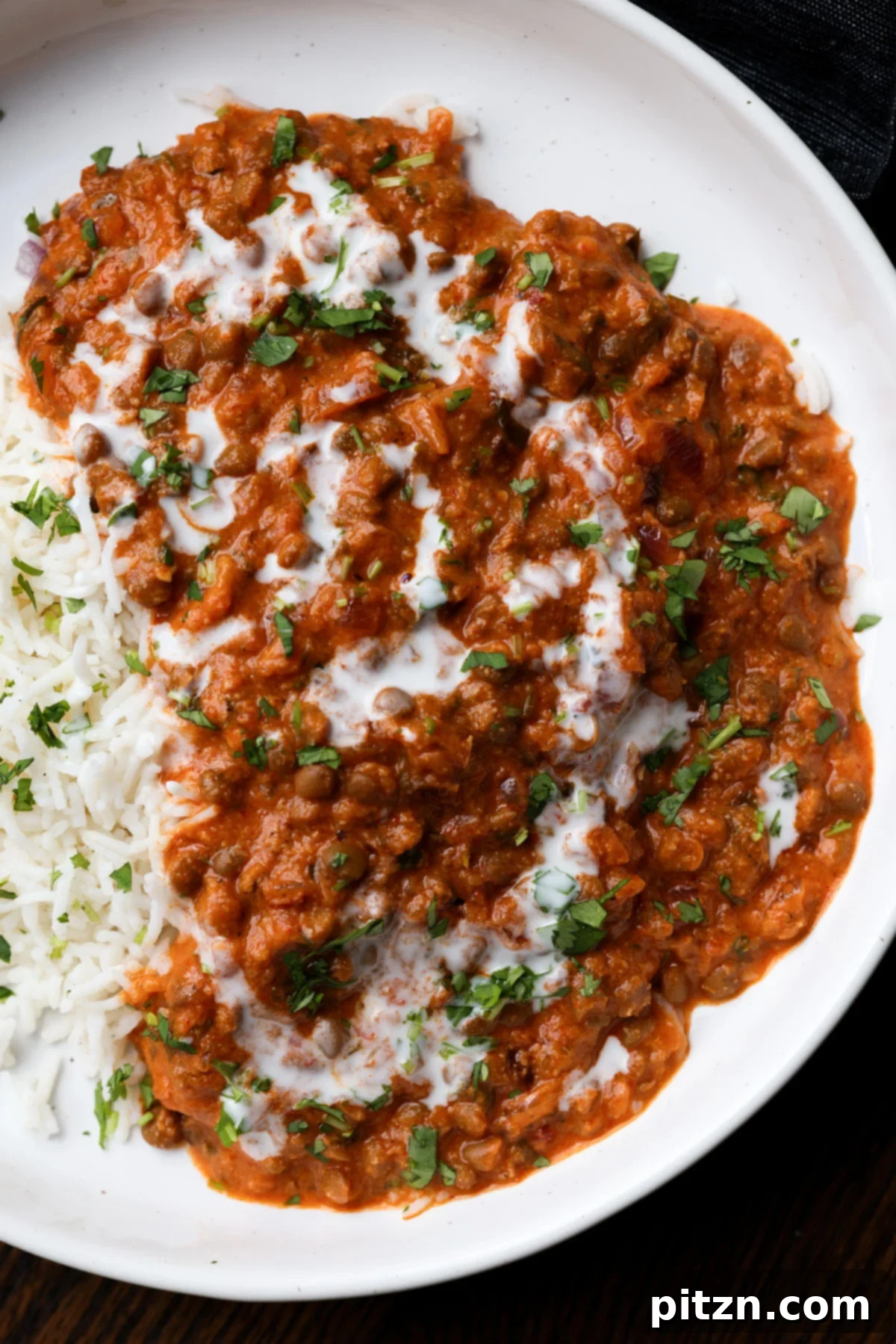 South Indian Soulmate Lentils 2 Plate of South Indian Marry Me Lentils served with fluffy white rice, garnished with fresh herbs.