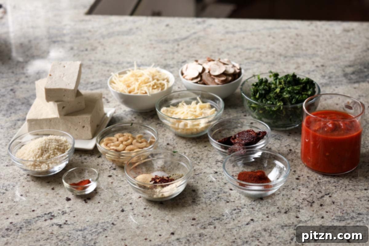 Marry Me Tofu Lasagna Bake 6 marry me tofu ingredients in bowls on the kitchen counter