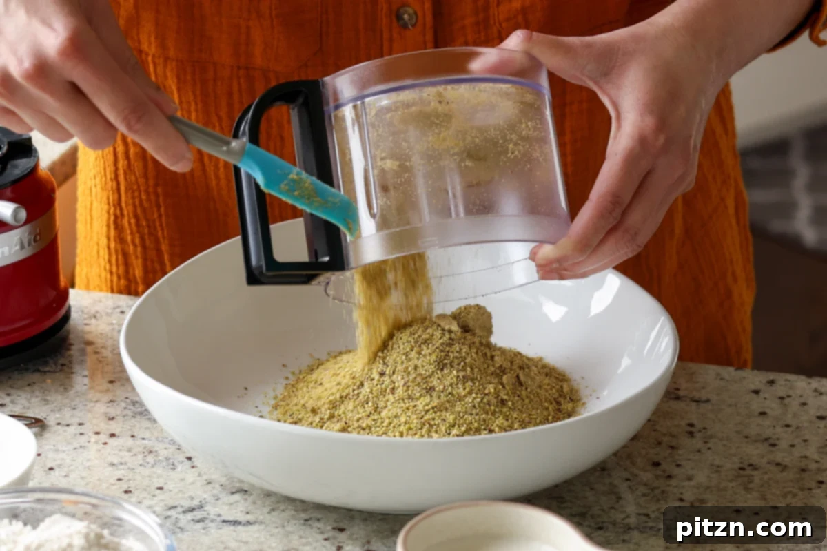 Pistachio Perfection Trio 10 Finely ground pistachios, mixed with sugar, poured into a bowl after processing, ready for cake batter preparation.