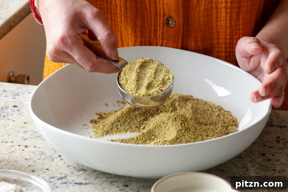 Pistachio Perfection Trio 11 A measured portion of ground pistachios being added to a bowl, alongside other dry ingredients for the cake.