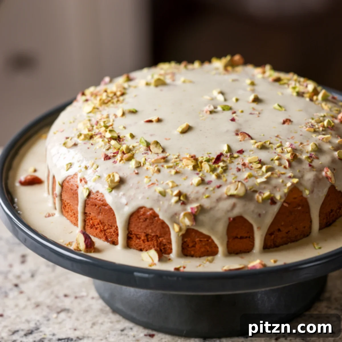 Pistachio Perfection Trio 23 The finished triple pistachio cake presented on an elegant cake stand, highlighting its rich color and inviting texture, ready for serving.