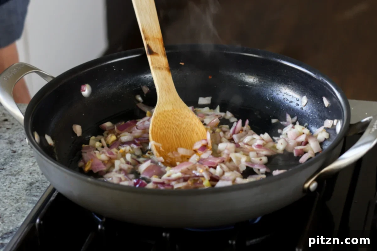 Translucent onions and fragrant garlic in the pan after cooking.