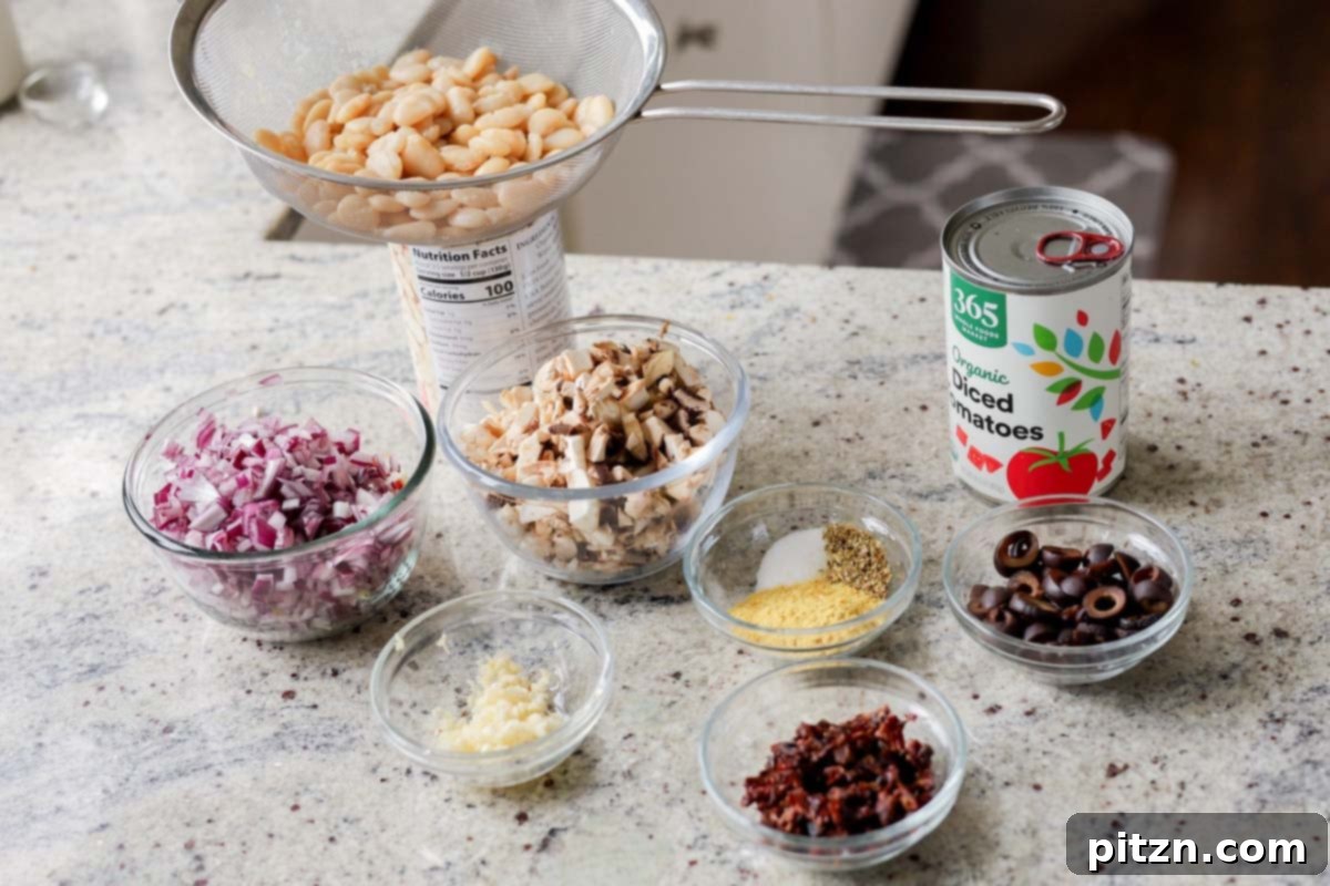 Zesty Mediterranean Butter Beans 7 puttanesca beans ingredients on the kitchen counter