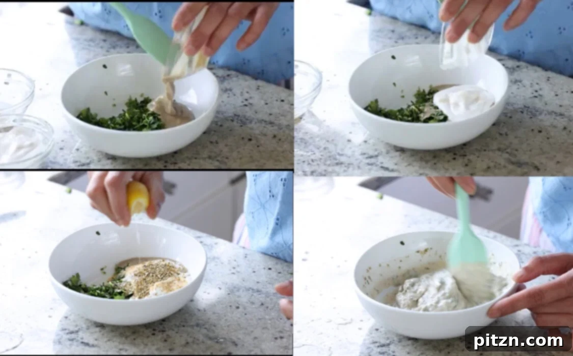 Sun-Drenched Spinach Salad with Zesty Olive-Chickpea Crunch 12 Ingredients for the vibrant tahini lemon dressing perfectly mixed in a bowl, showing its creamy texture.