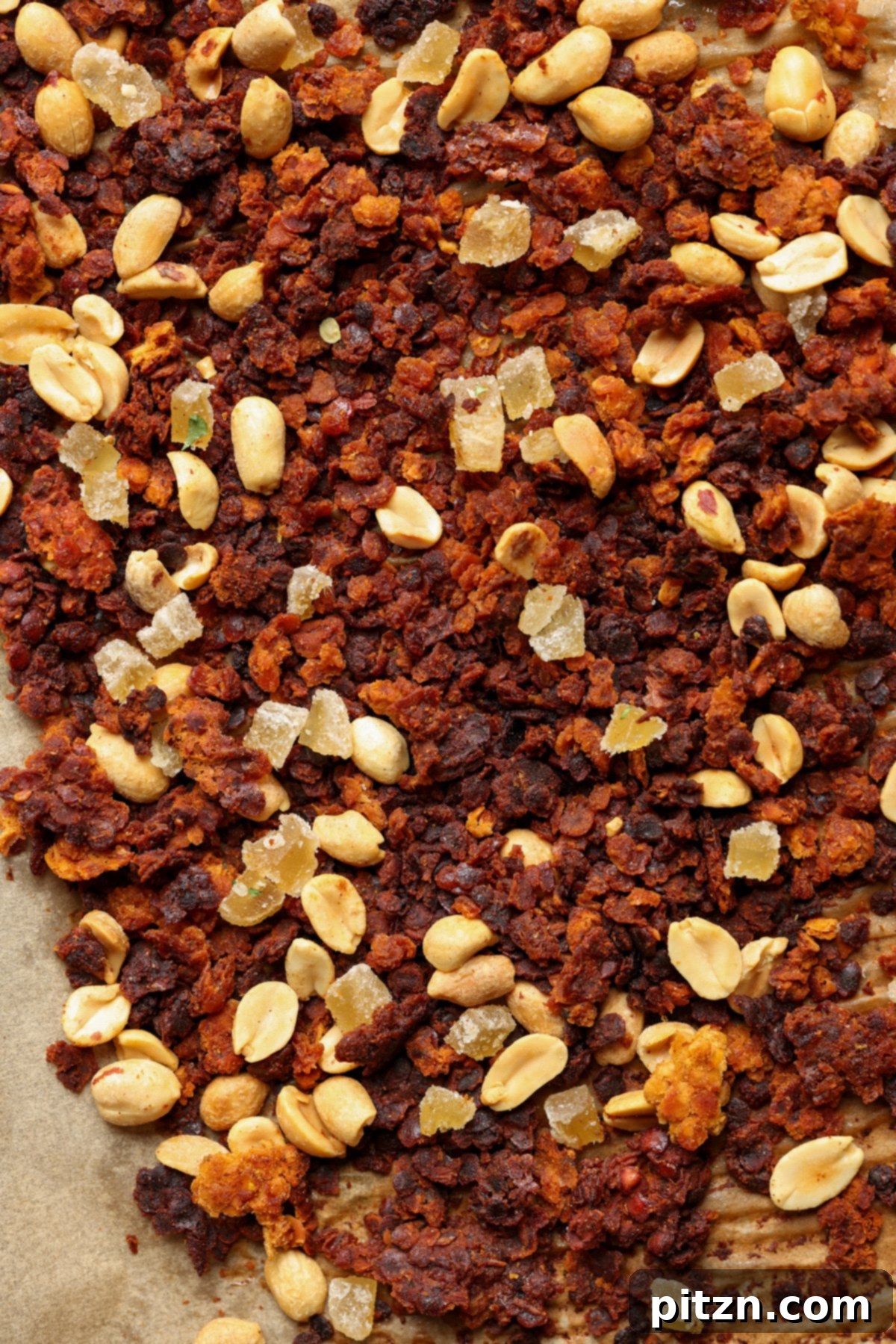 Lentil Protein World Tour Mix 4 Peanut Gochujang savory lentil granola, freshly baked and spread on a baking pan.