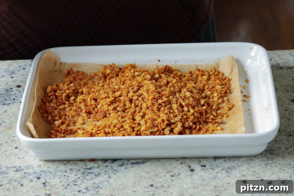 Lentil Protein World Tour Mix 31 Nacho cheese lentil granola, baked to a golden crisp on a baking sheet.