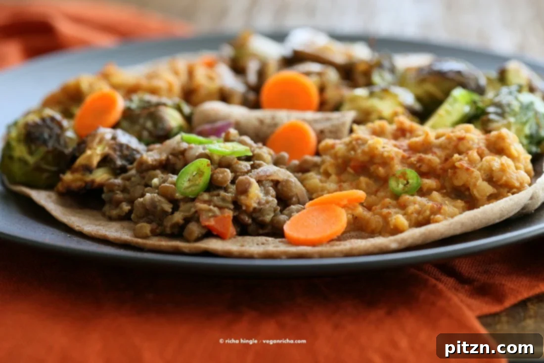 A large serving of Ye'difin Misser Alicha, Ethiopian lentils in garlic-ginger sauce.