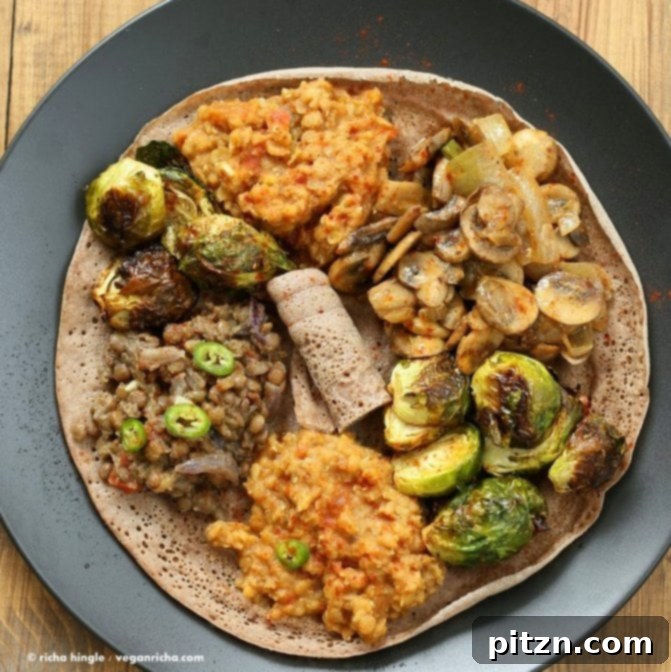 A delicious spread of Ethiopian vegan dishes from the Teff Love cookbook.