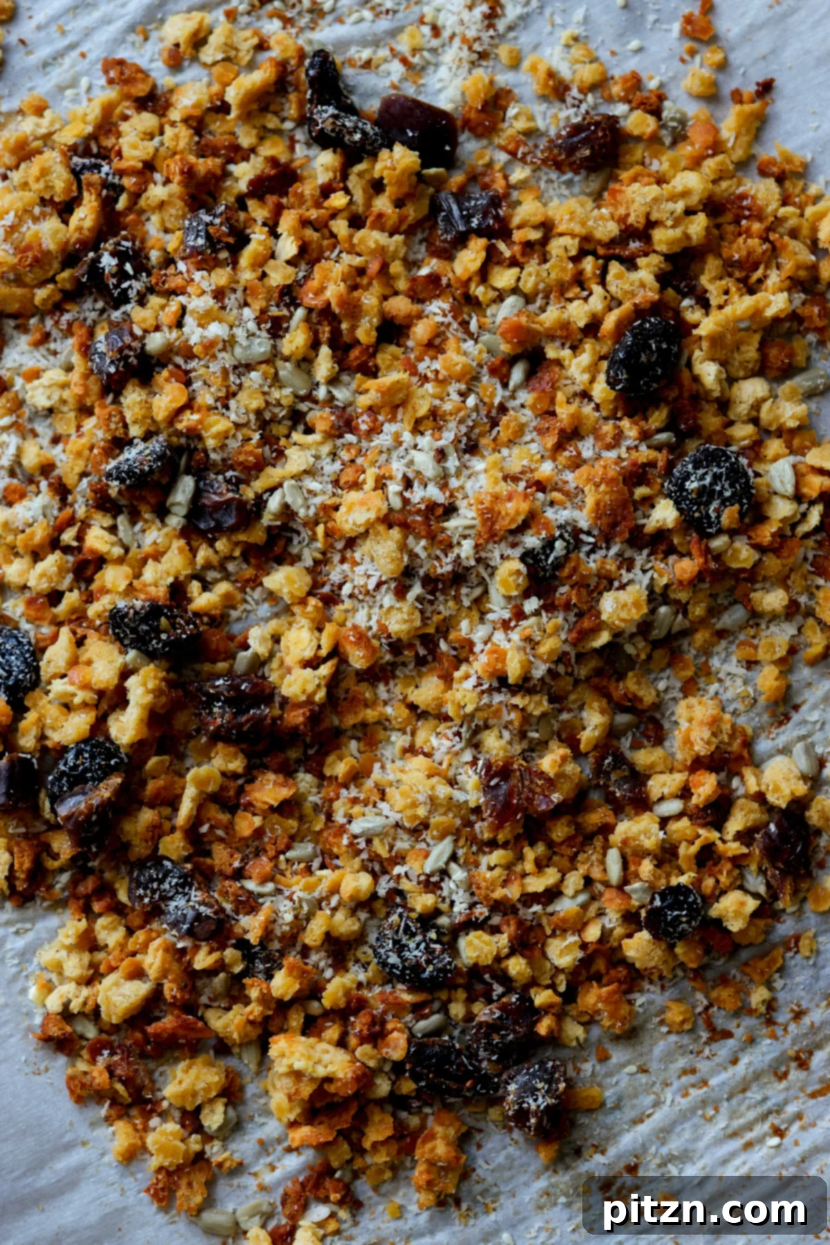 Red lentil granola spread on a baking pan after baking