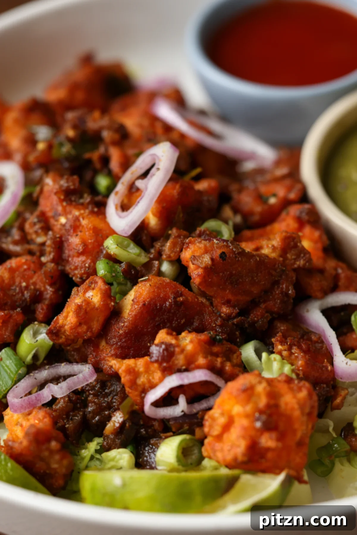 Crispy Vegan 555 Chicken Bites 4 Close-up view of a perfectly coated piece of Vegan Chicken 555, showcasing its crisp texture and spicy sauce.