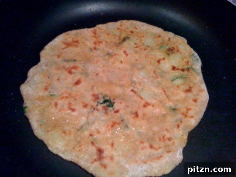 Mom's Aloo Paratha and Sanjeev Kapoor's Baghare Baingan A Flavorful Pairing 7 A freshly cooked Aloo Paratha, puffed and golden, resting on a plate. Ready to be served.
