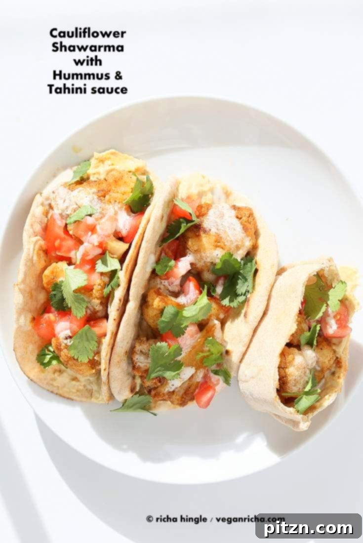 Vegan Shawarma: Spiced Cauliflower Wraps with Hummus & Tahini 2 Vegan Cauliflower Shawarma - Shawarma spice roasted Cauliflower wraps with hummus and tahini dressing with from scratch Shawarma Spie Blend