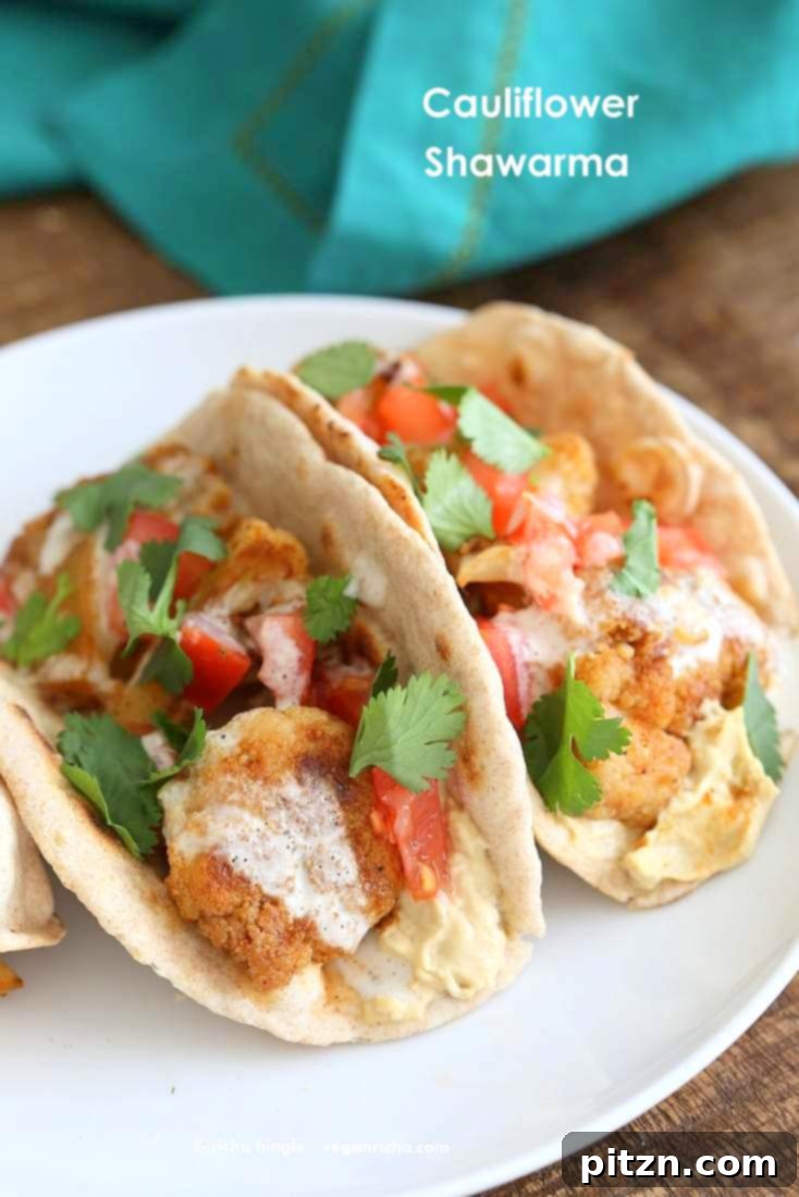 Vegan Shawarma: Spiced Cauliflower Wraps with Hummus & Tahini 6 Close-up of Vegan Cauliflower Shawarma wrap with fresh ingredients