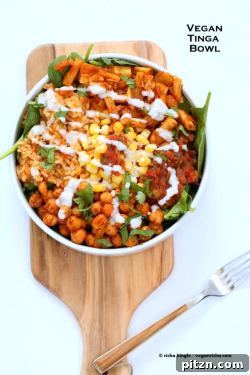 Vegan Tinga bowl with Hearts of Palm, Chickpeas, Spanish Rice | Vegan Richa