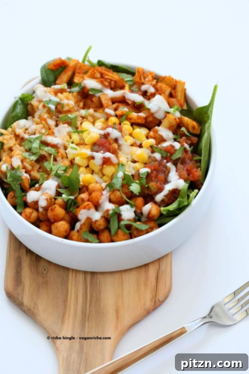 Vegan Tinga bowl with Hearts of Palm, Chickpeas, Spanish Rice | Vegan Richa