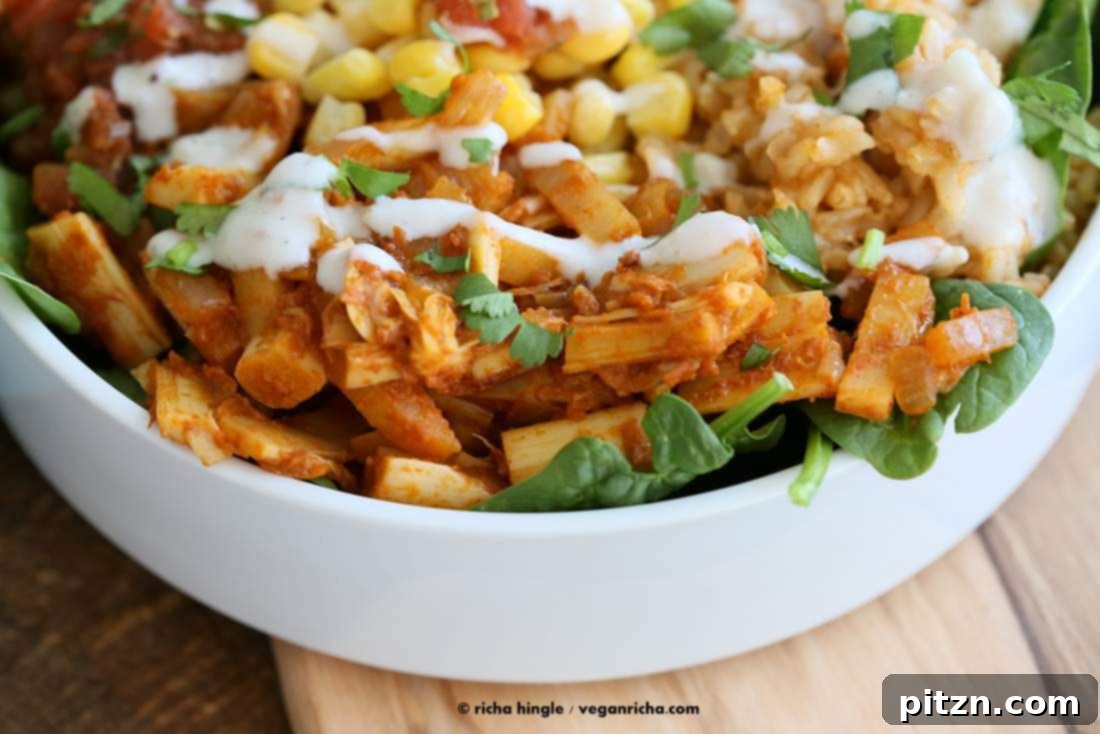 Vegan Tinga bowl with Hearts of Palm, Chickpeas, Spanish Rice | Vegan Richa