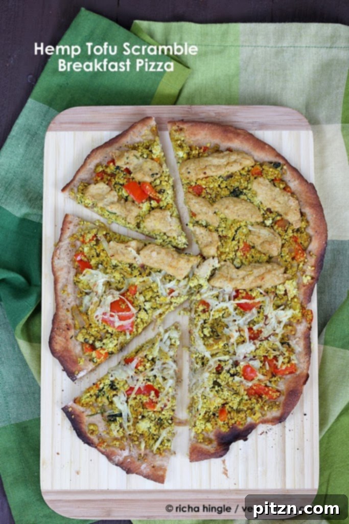 Freshly baked Hemp Tofu Scramble Breakfast Pizza with hash browns