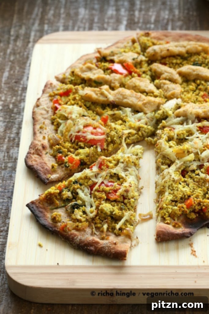 Hemp Tofu Scramble Breakfast Pizza on a serving plate