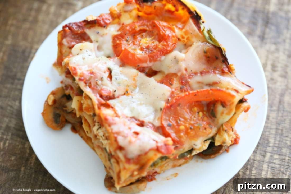 Cozy Vegan Veggie Lasagna for Two 12 Beautifully plated slice of Vegan Veggie Lasagna, ready to enjoy.