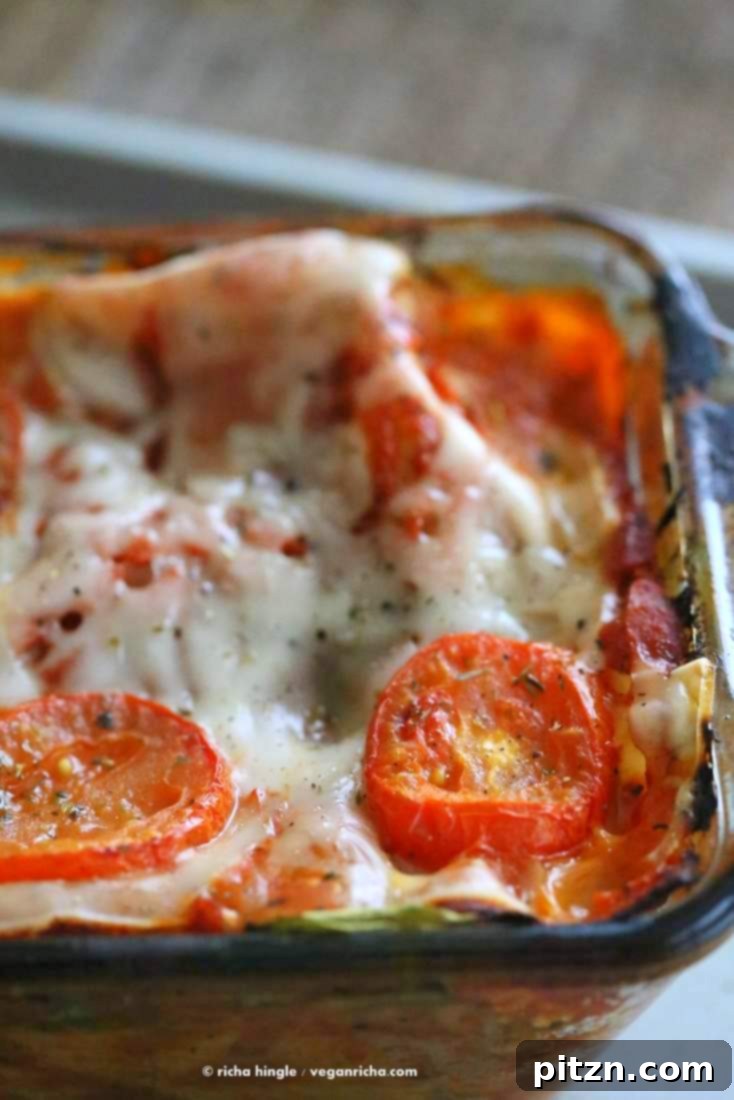 Cozy Vegan Veggie Lasagna for Two 9 Close-up of a perfectly baked Vegan Veggie Lasagna, hot and bubbly, with golden edges, ready to be served.