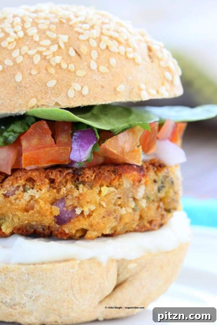 The Tri-Veggie Power Burger 3 Close-up of a homemade Pinto Bean Broccoli Lentil Burger patty | Vegan Richa