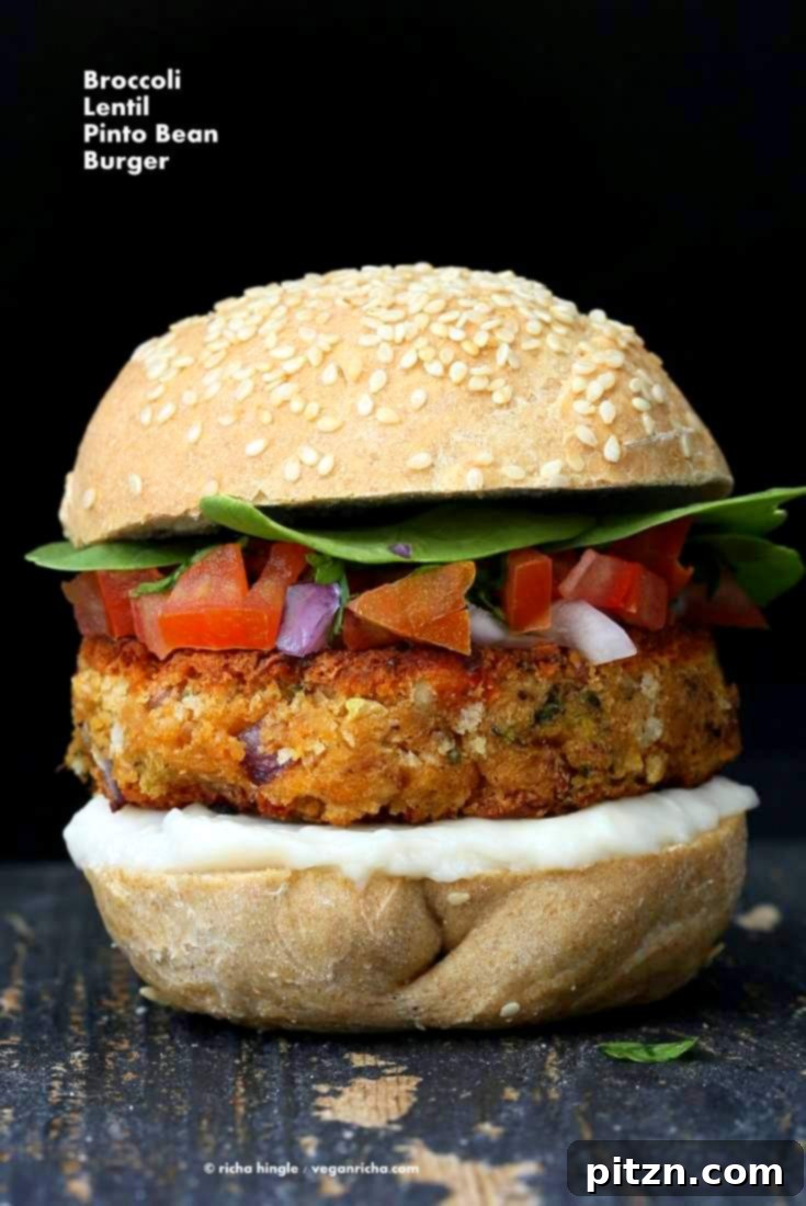 The Tri-Veggie Power Burger 5 Close-up of a freshly cooked Pinto Bean Broccoli Lentil Burger | Vegan Richa