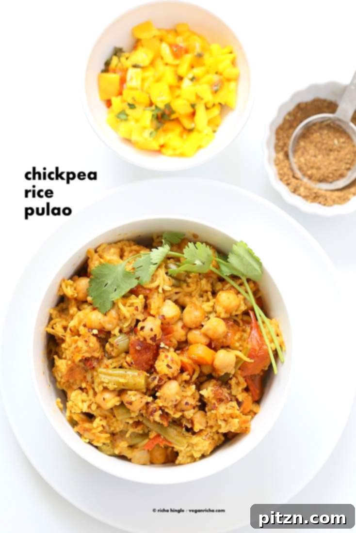 One-Pot Curried Chickpea Rice Pilaf 2 Delicious and easy Chickpea Rice Pulao, a vegan, gluten-free, soy-free, nut-free, and oil-free one-pot meal with basmati rice and vegetables.