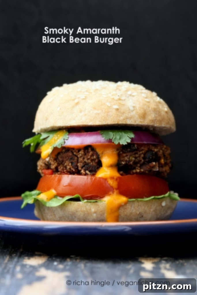 Close-up of a perfectly baked Amaranth Black Bean Burger patty