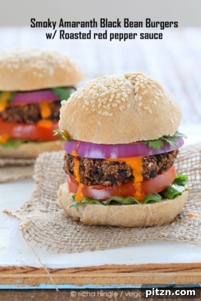 Assembled Amaranth Black Bean Burger with all toppings