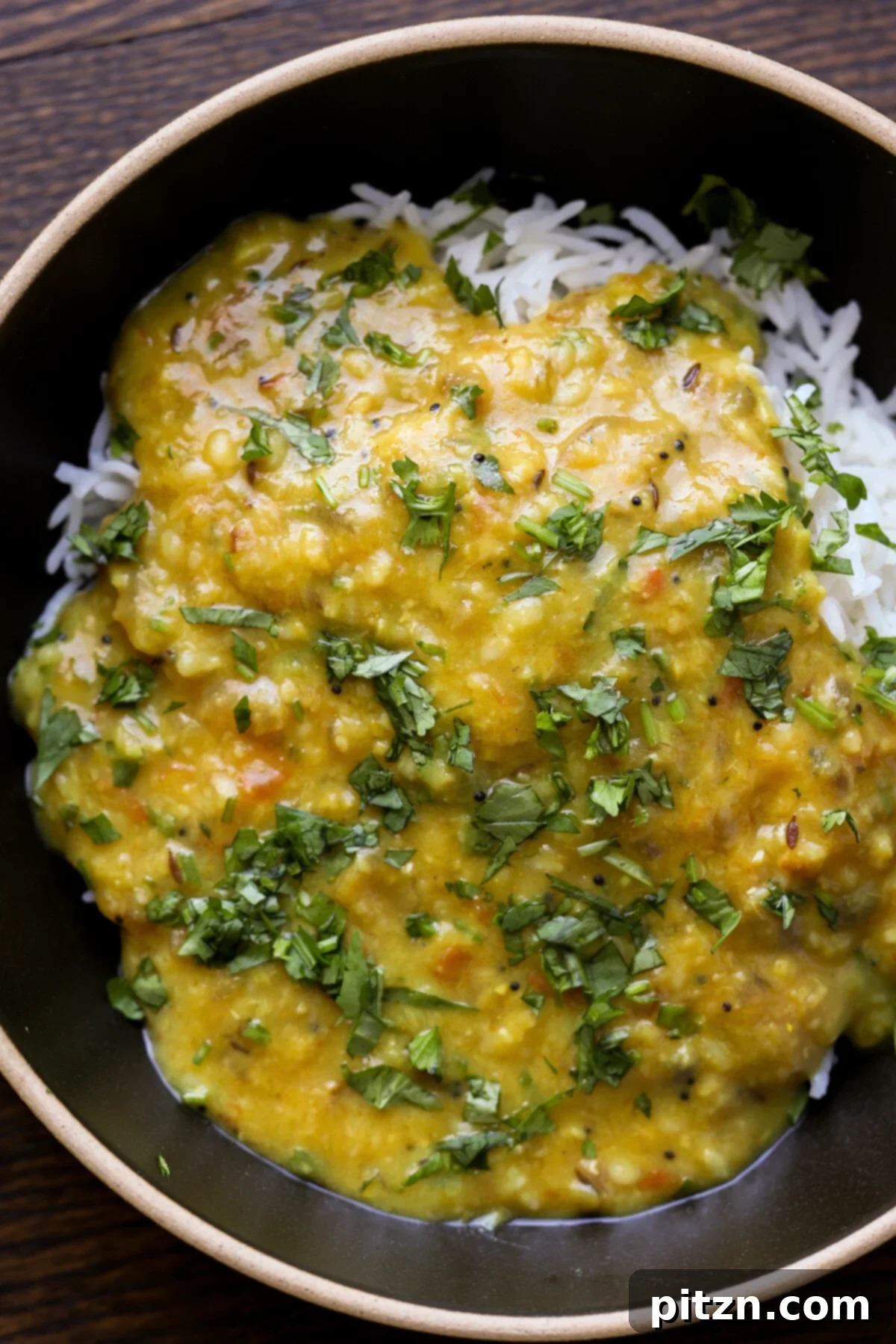 Bowl of Dal Fry served with rice and garnished with cilantro