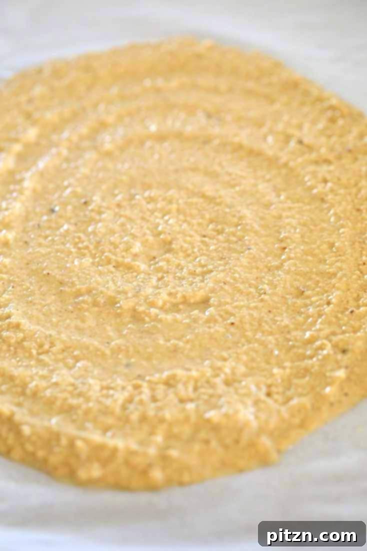 Easy Gluten Free Yeast Free Vegan Pizza Base 6 Spreading the chickpea flour pizza crust batter into a perfect circle on parchment paper using a spatula.