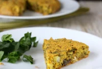 Vegan Soy-Free Chickpea Frittata with Mushroom Chard Shallot and Almond-Feta