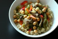 Vibrant Vegan Gluten-Free Quinoa Bowl Bell Peppers Chickpeas Dried Oyster Mushrooms