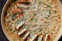 Golden Paprika Tofu with Creamy Garlic Parmesan Orzo