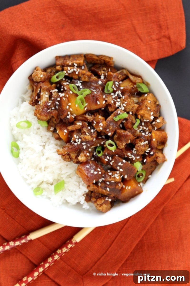 Sweet Date Teriyaki Tempeh Butternut Cauliflower 6 Beautifully presented Tempeh, Cauliflower, and Butternut Teriyaki with garnishes