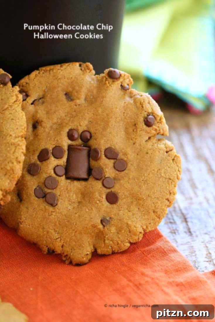 Vegan Pumpkin Chocolate Chip Cookies, decorated with chocolate chips to resemble Halloween insects. A perfect fall and Halloween dessert idea.