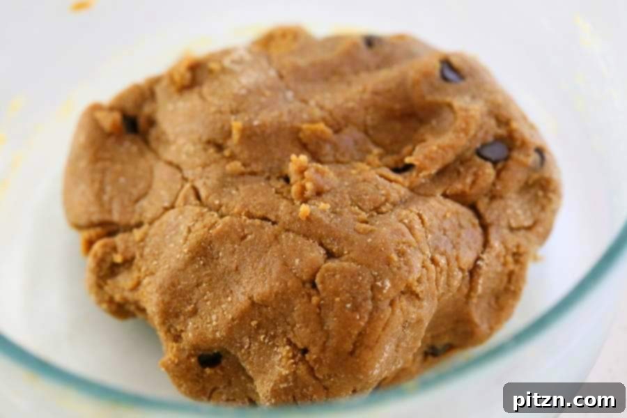 Vegan pumpkin chocolate chip cookie dough in a bowl, after chilling.