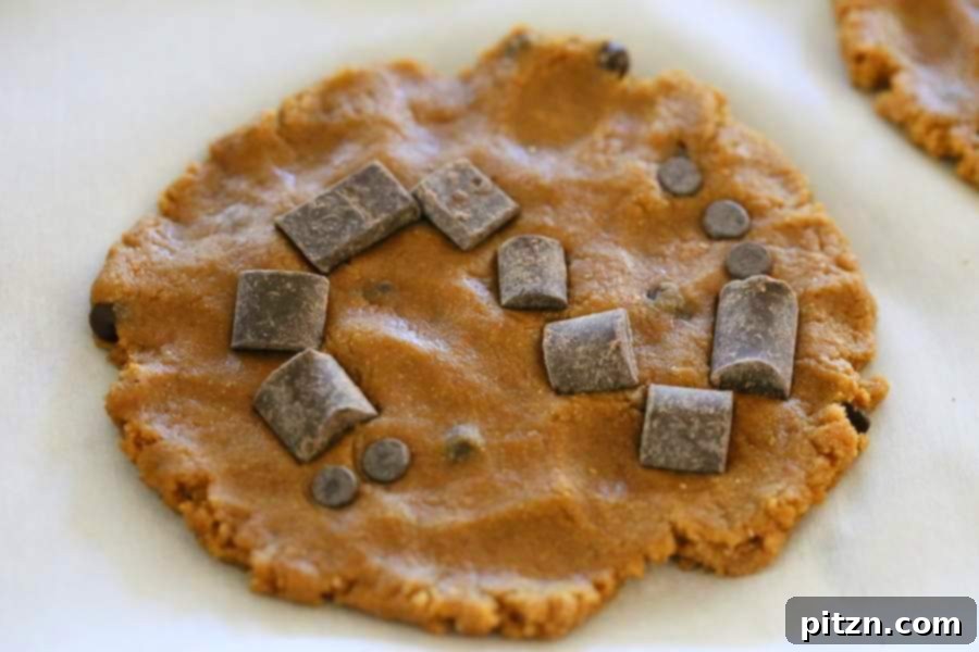 Unbaked vegan pumpkin chocolate chip cookies pressed into flat discs, ready for chocolate chip decorations.