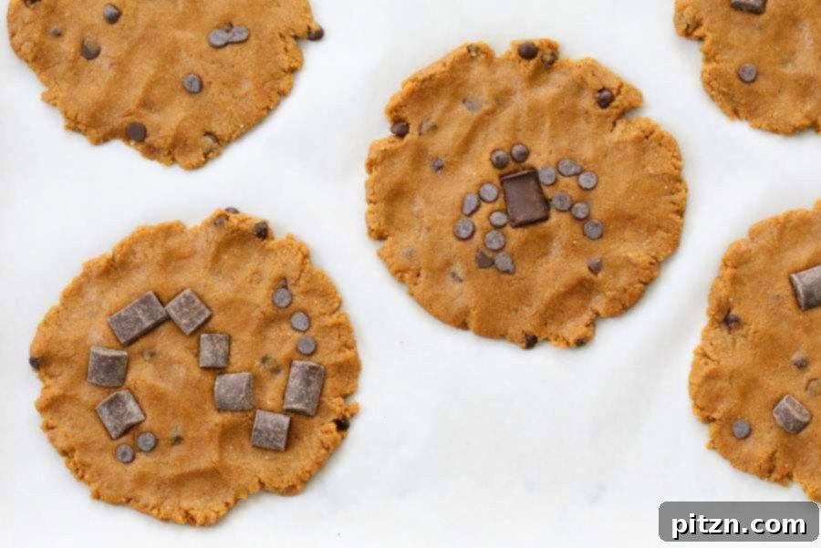 Vegan pumpkin chocolate chip cookies decorated with chocolate chips to create Halloween shapes like spiders.