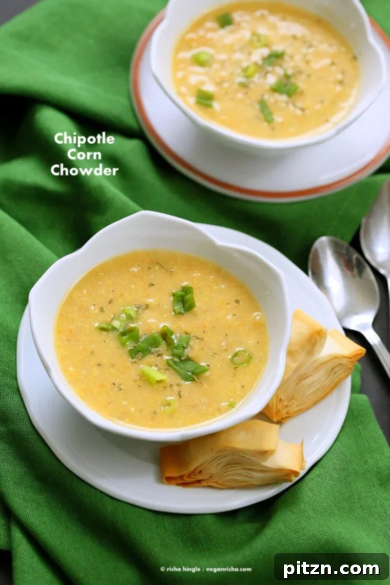 Vegan Chipotle Corn Chowder: A Cook The Pantry Book Review 2 Rich and creamy Vegan Chipotle Corn Chowder, a sweet and spicy plant-based soup garnished with vibrant pimientos and fresh parsley, perfect for a cozy meal.